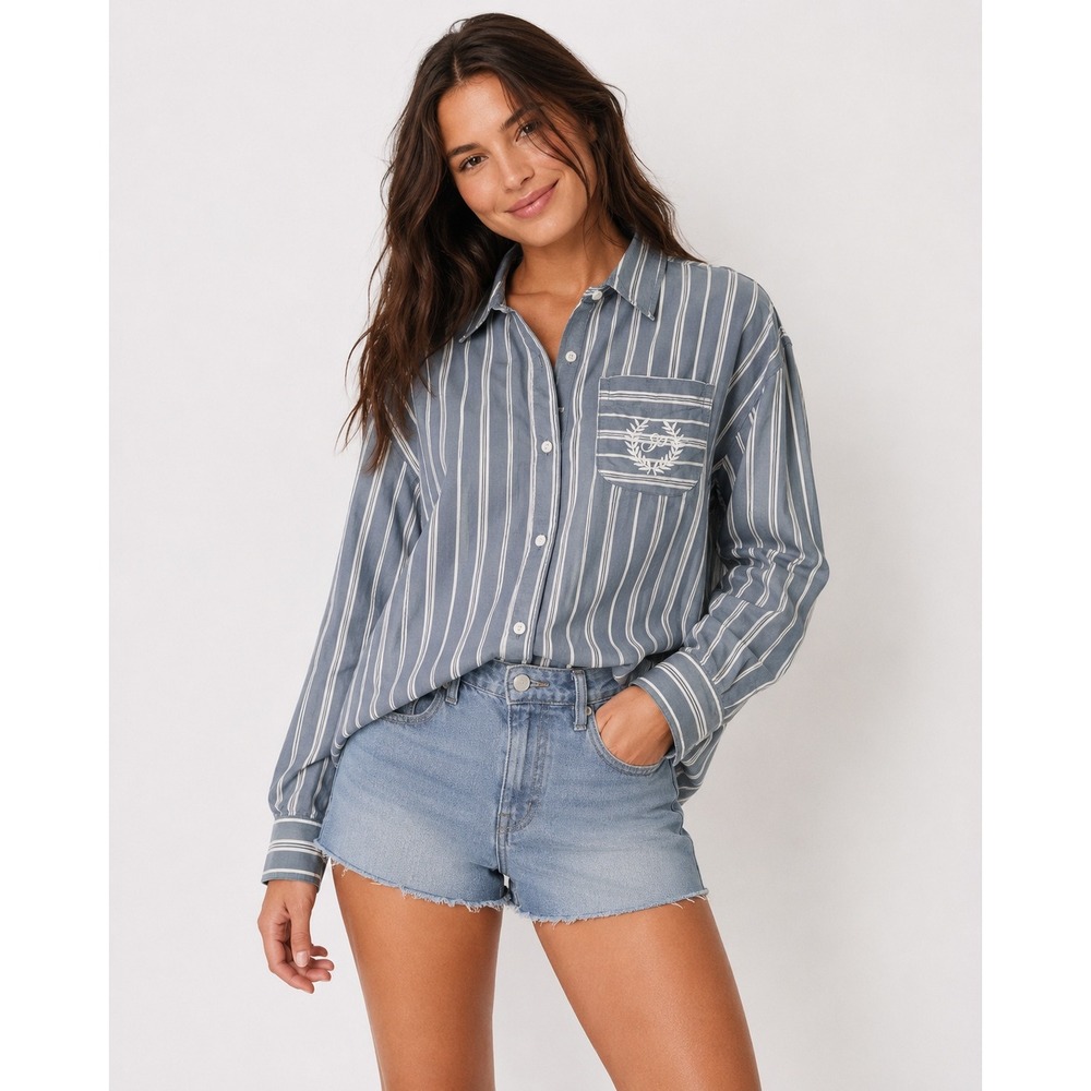 PINK Victoria's Secret Blue White Striped Cotton Button Down Shirt XS‎ Oversized